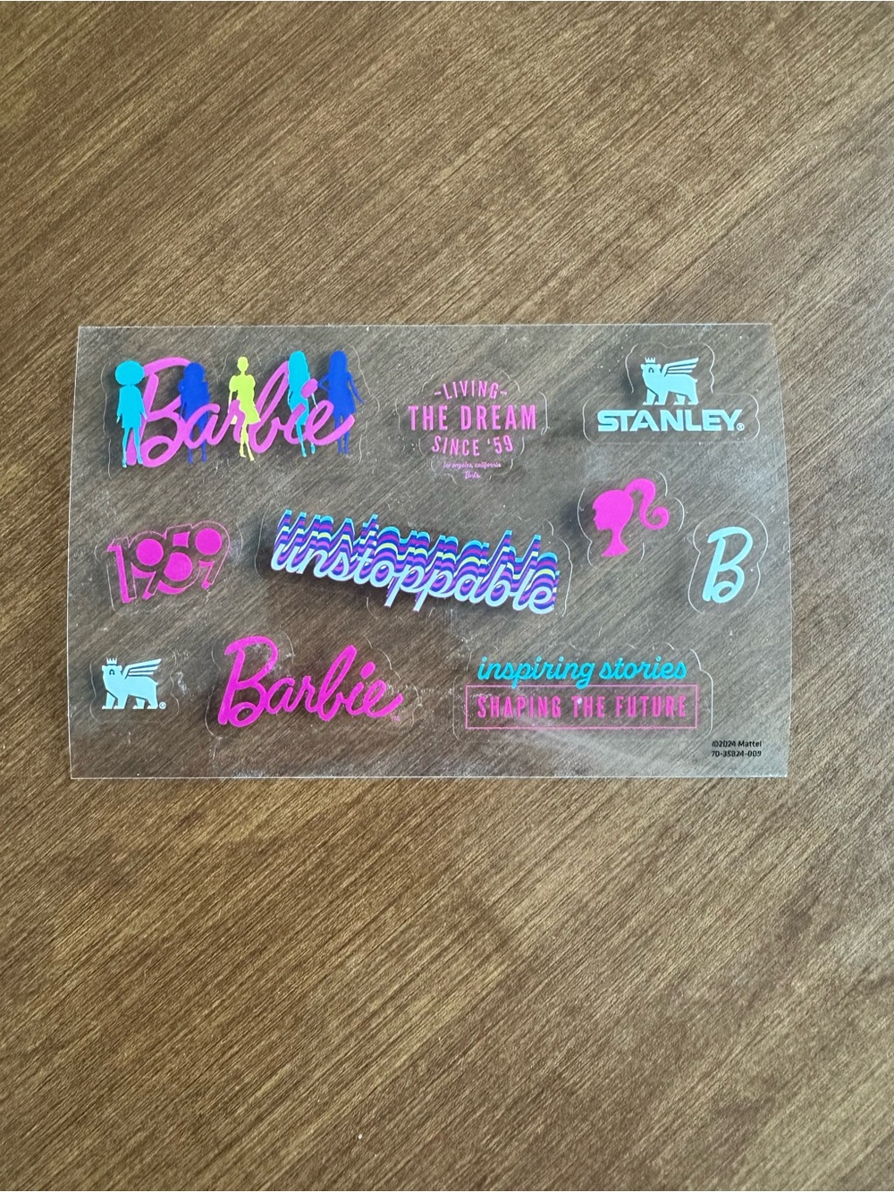 Stanley Clear Sticker Sheet with Pink Barbie Silhouette and Blue Logo